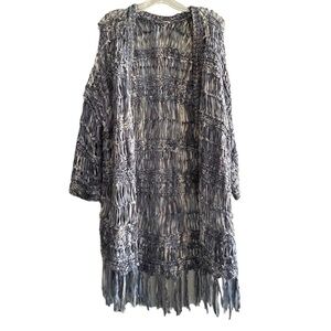 Chicos 1 Sweater Womens Blue 3/4 Sleeve Fringe Open Knit Cardigan Blue Size M